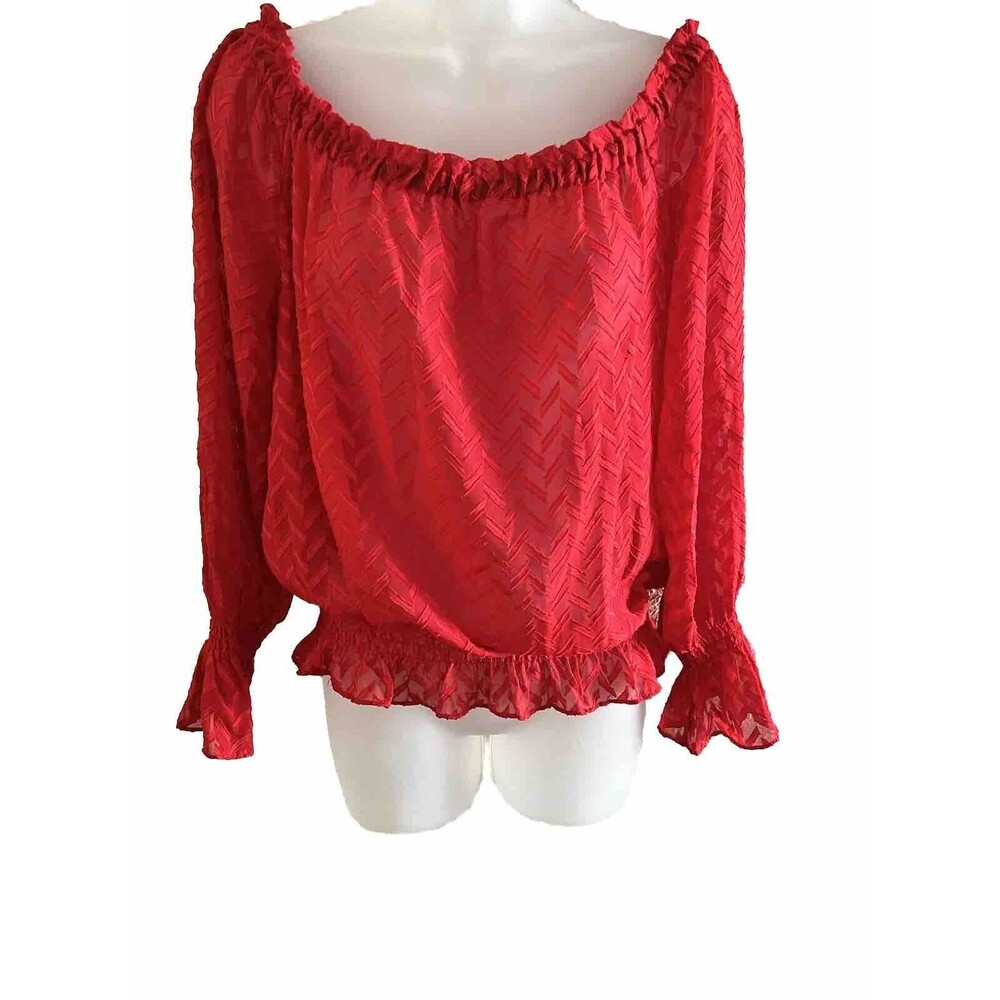 XOXO Blouse Womens Size Medium Red Sheer Peasant Bojo Long Sleeve Off-Shoulder